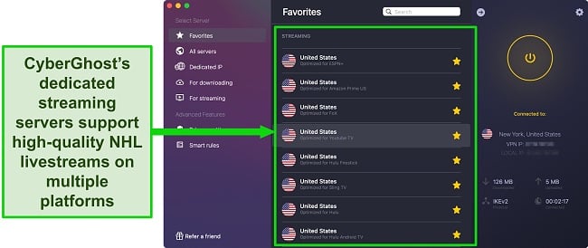 Screenshot of CyberGhost's streaming optimized servers for Hulu, Sling, YouTube TV while CyberGhost is connected to a server in New York, USA