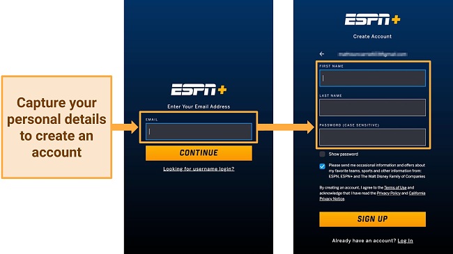 Screenshot of ESPN+ create account personal details page