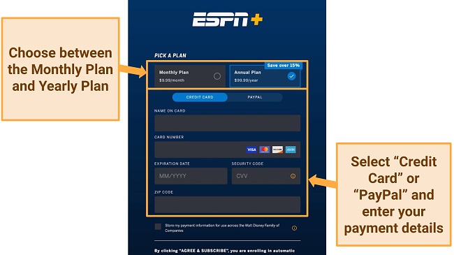 Screenshot of ESPN+ monthly and yearly plans with payment method options