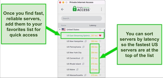 Screenshot of PIA's US server list sorted by latency on its macOS app