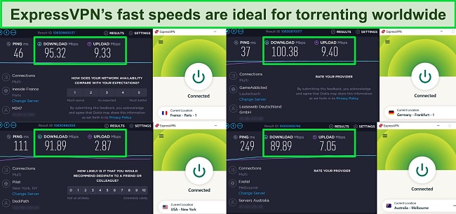 Screenshots of Ookla speed test results with ExpressVPN connected to servers in France, Germany, the USA, and Australia.