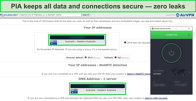 Screenshot of PIA connected to an Australian server with the results of an IPLeak.net test showing no data leaks.