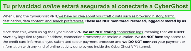 cyberghost opiniones Captura de pantalla de la declaración de privacidad de CyberGhost VPN en su sitio web