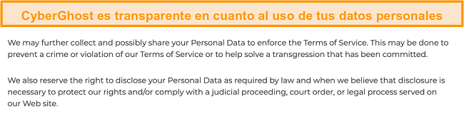 Captura de pantalla de la política de privacidad de CyberGhost en su sitio web que indica que la VPN recopila algunos datos personales