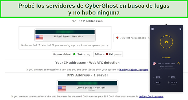 Captura de pantalla de CyberGhost VPN conectado a un servidor de EE. UU. Y pasando con éxito una prueba de fuga de IP