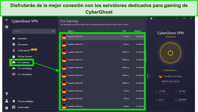 Captura de pantalla de los servidores optimizados para juegos de CyberGhost en la aplicación de Windows