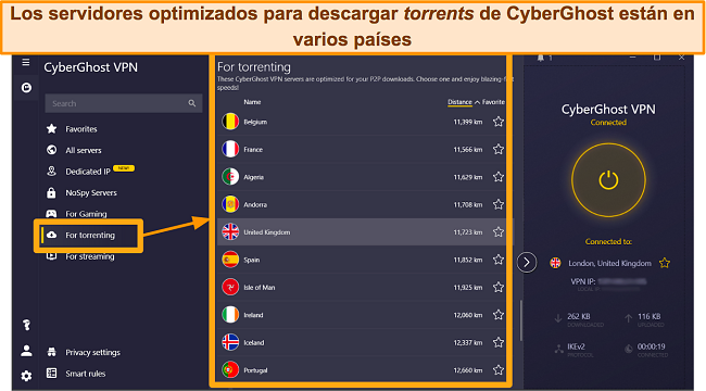 Captura de pantalla de los servidores optimizados para torrents de CyberGhost en la aplicación de Windows