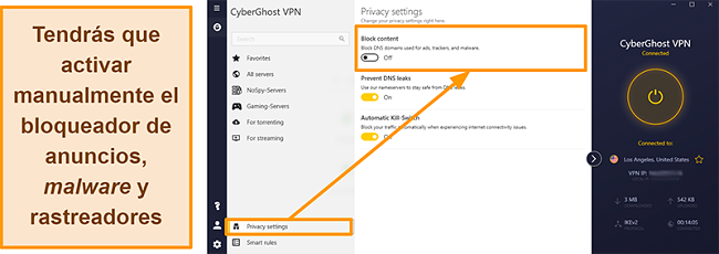 Captura de pantalla del bloqueador de anuncios, rastreadores y malware de CyberGhost VPN