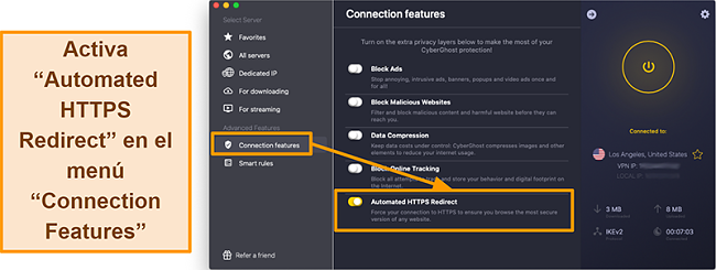 Captura de pantalla de la función de redireccionamiento HTTPS automatizado de CyberGhost VPN