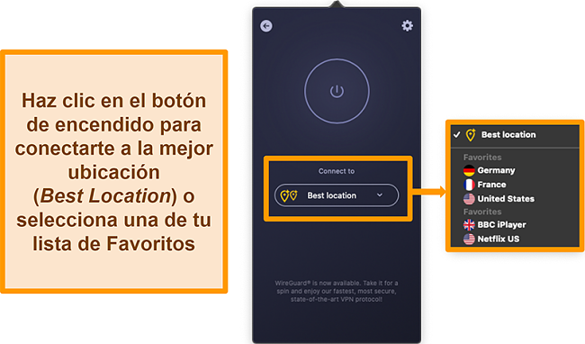 Captura de pantalla de la función Mejor ubicación de CyberGhost VPN en la aplicación