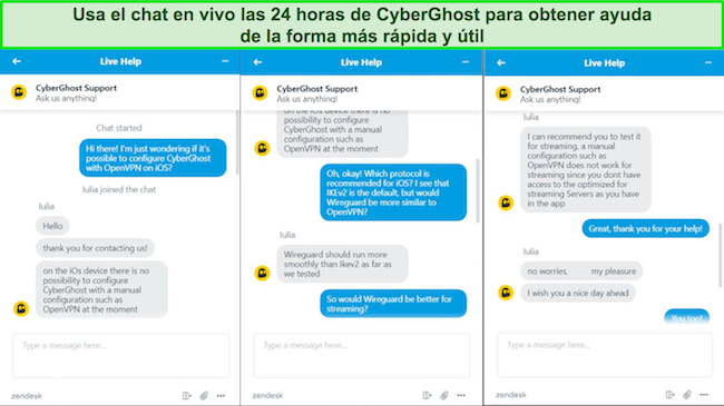 Capturas de pantalla del chat en vivo de CyberGhost, que muestran a un agente de atención al cliente respondiendo una pregunta sobre OpenVPN en iOS