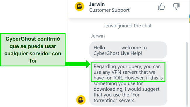 cyberghost opiniones Captura de pantalla del chat en vivo de CyberGhost que confirma su compatibilidad con el navegador Tor.