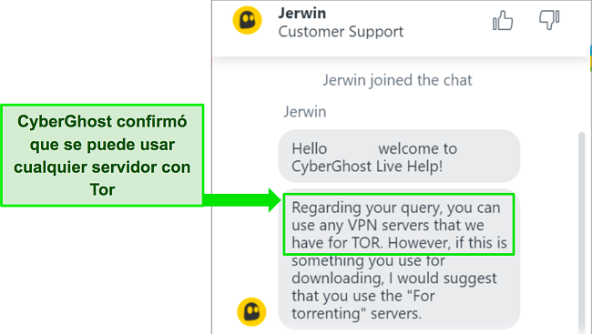 Captura de pantalla del chat en vivo de CyberGhost que confirma su compatibilidad con el navegador Tor.