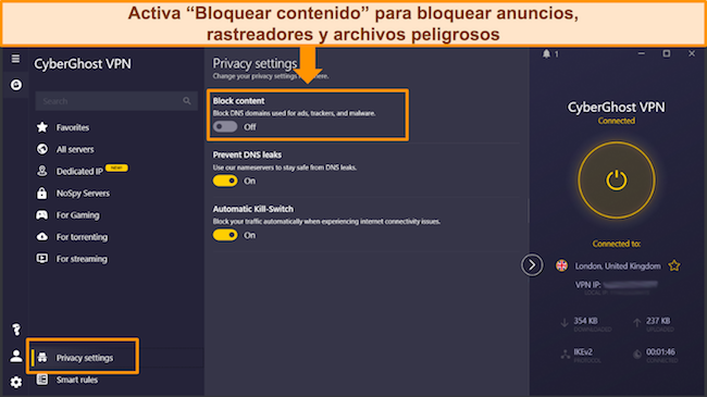 Captura de pantalla de la función Bloquear contenido de CyberGhost en la aplicación de Windows