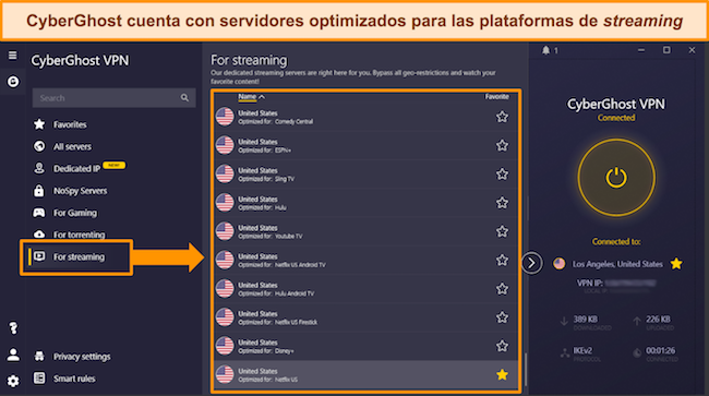 Captura de pantalla de la lista de CyberGhost de servidores optimizados para transmisión para plataformas populares