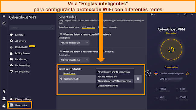 Captura de pantalla de la configuración de reglas inteligentes de CyberGhost para configurar la protección WiFi