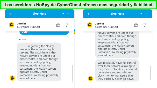 Captura de pantalla del agente de chat en vivo de CyberGhost que explica la mayor seguridad y confiabilidad de los servidores NoSpy.