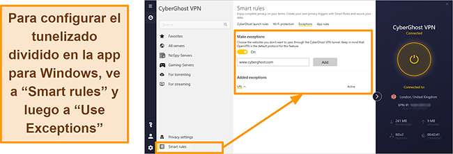 Captura de pantalla de la función de lista blanca de reglas inteligentes de CyberGhost VPN