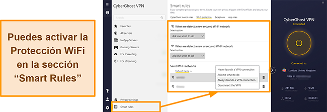 Captura de pantalla de la función de protección WiFi de CyberGhost VPN