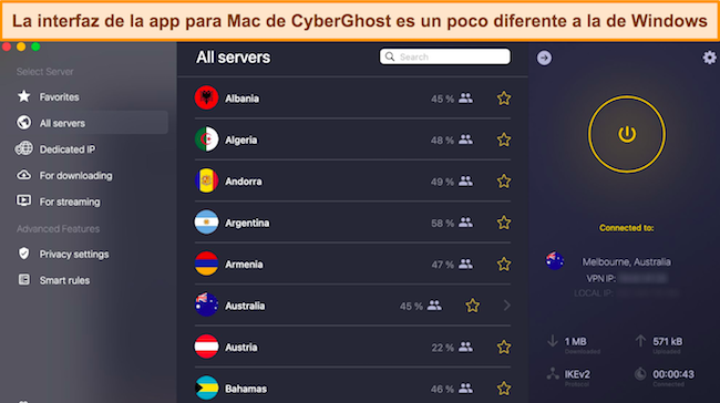 Captura de pantalla de la interfaz de la aplicación Mac de CyberGhost