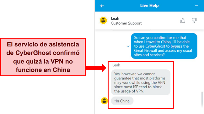 Captura de pantalla del chat en vivo de CyberGhost que indica que no se garantiza que la VPN funcione en China.