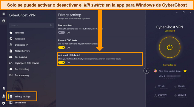 Captura de pantalla de la aplicación de Windows de CyberGhost con la opción Automatic Kill Switch resaltada.