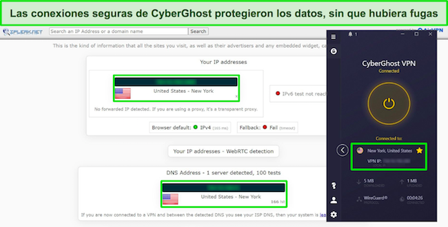 Captura de pantalla de los resultados de la prueba de fugas en CyberGhost