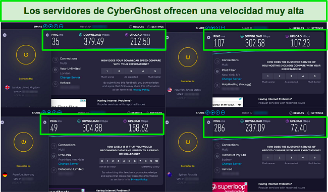 captura de pantalla de pruebas de velocidad en paralelo junto con la aplicación CyberGhost conectada a diferentes servidores