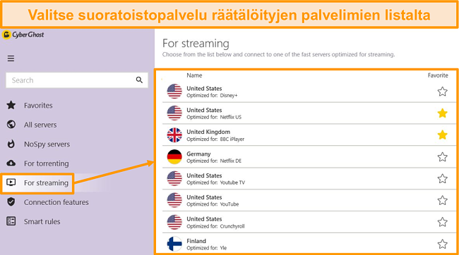 Näyttökuva CyberGhostin optimoiduista suoratoistopalvelimista Windows-sovelluksessa