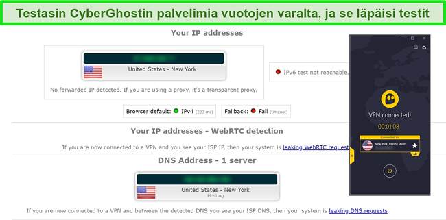 Näyttökuva IP- ja DNS-vuototestien tuloksista, kun CyberGhost on kytketty yhdysvaltalaisiin palvelimiin