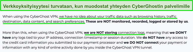 Näyttökuva CyberGhost VPN -tietosuojalausunnosta verkkosivustollaan