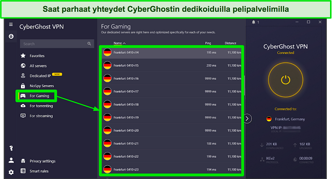 Kuvakaappaus CyberGhostin pelaamiseen optimoiduista palvelimista Windows-sovelluksessa