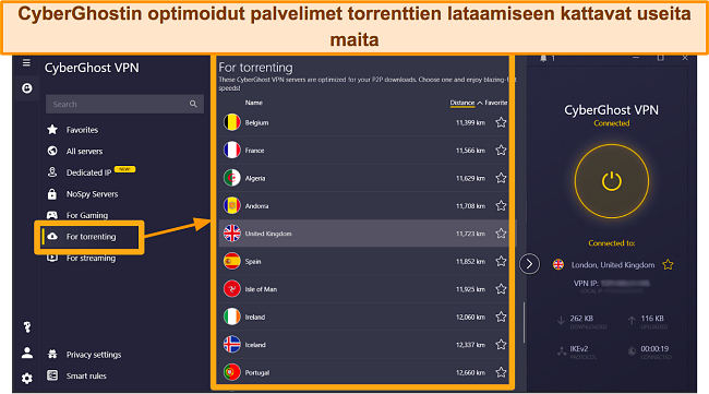 Kuvakaappaus CyberGhostin torrentia varten optimoiduista palvelimista Windows-sovelluksessa