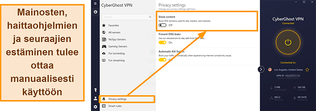 Näyttökuva CyberGhost VPN: n mainoksesta, seurannasta ja haittaohjelmien estosta