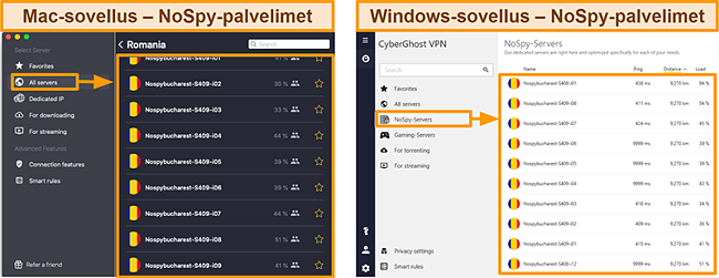 Näyttökuva CyberGhost VPN: n NoSpy-palvelimista Windows vs. Mac -sovelluksessa