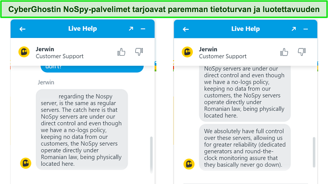 Näyttökaappaus CyberGhostin live-chat-agentista, joka selittää NoSpy-palvelimien lisääntyneen turvallisuuden ja luotettavuuden.