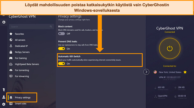 Näyttökaappaus CyberGhostin Windows-sovelluksesta, jossa Automaattinen tappokytkin -vaihtoehto on korostettu.