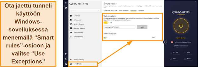 Näyttökuva CyberGhost VPN: n Smart Rules Whitelister -ominaisuudesta