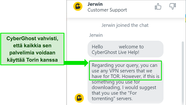 Kuvakaappaus CyberGhostin live-chatista, joka vahvistaa sen yhteensopivuuden Tor-selaimen kanssa.