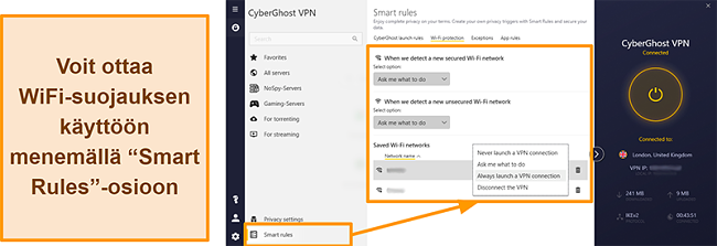 Näyttökuva CyberGhost VPN: n WiFi Protection -ominaisuudesta