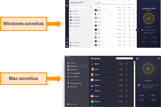 Näyttökuva CyberGhost VPN -sovelluksesta Windows vs. Mac