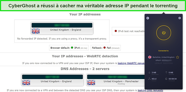 Capture d'écran du test de fuite montrant aucune fuite de données, avec CyberGhost connecté à un serveur en Allemagne