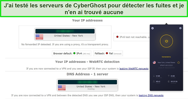 Capture d'écran de CyberGhost VPN connecté à un serveur américain et réussissant un test de fuite IP