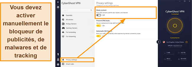 Capture d'écran de CyberGhost VPN connecté à un serveur américain et réussissant un test de fuite IP.