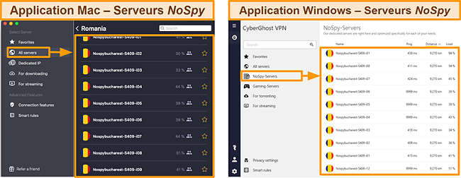 Capture d'écran des serveurs NoSpy de CyberGhost VPN sur l'application Windows contre Mac