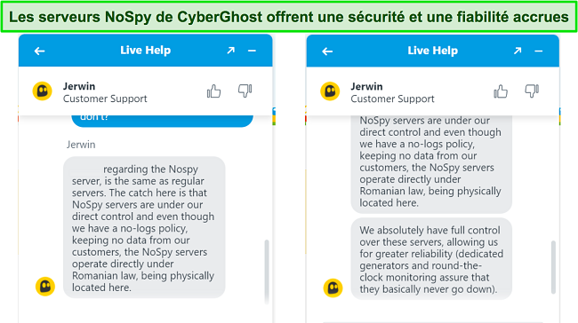 Capture d'écran de l'agent de chat en direct de CyberGhost expliquant la sécurité et la fiabilité accrues des serveurs NoSpy.