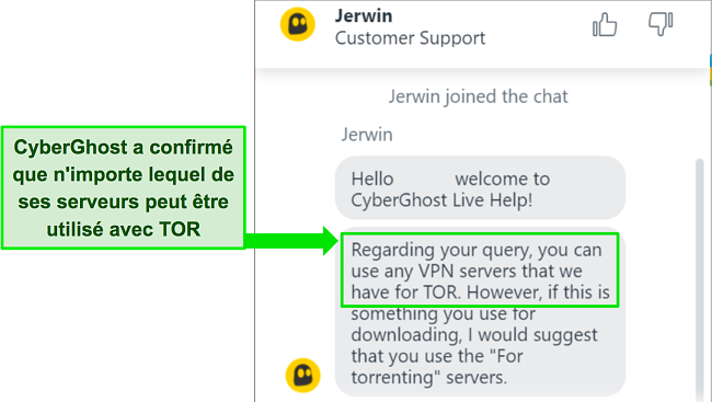 Capture d'écran du chat en direct de CyberGhost confirmant sa compatibilité avec le navigateur Tor.