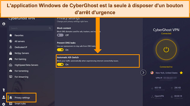 Capture d'écran de l'application Windows de CyberGhost avec l'option Automatic Kill Switch en surbrillance.