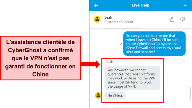 Capture d'écran du chat en direct de CyberGhost indiquant que le VPN n'est pas garanti de fonctionner en Chine.