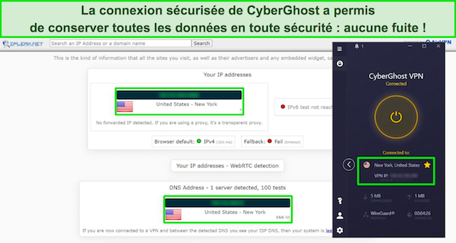 Capture d'écran des résultats des tests de fuite sur CyberGhost